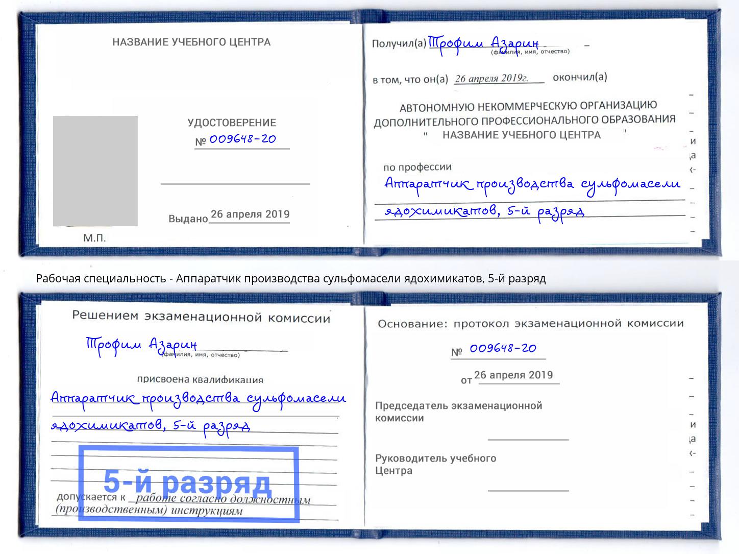 корочка 5-й разряд Аппаратчик производства сульфомасели ядохимикатов Лиски
