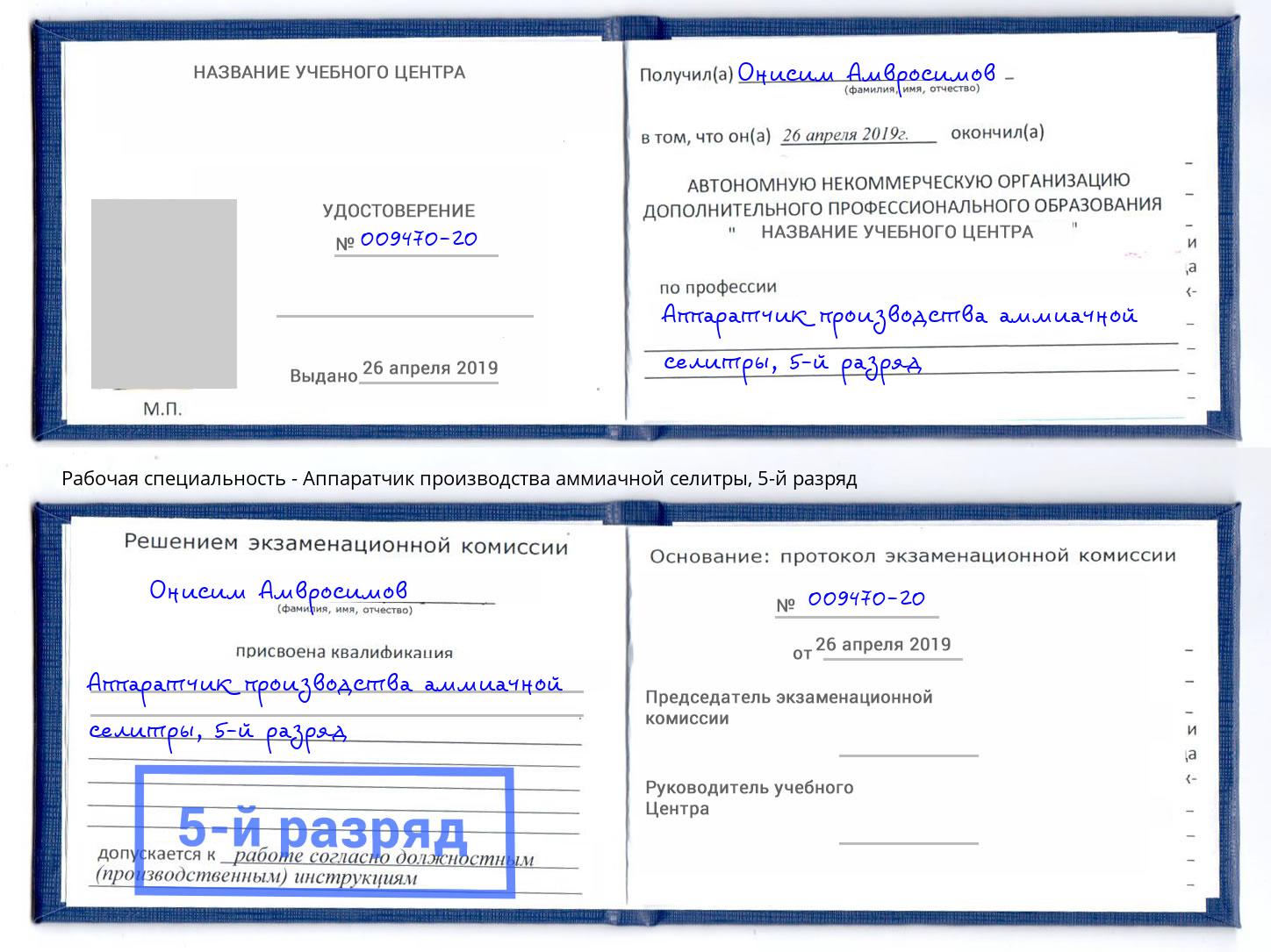 корочка 5-й разряд Аппаратчик производства аммиачной селитры Лиски