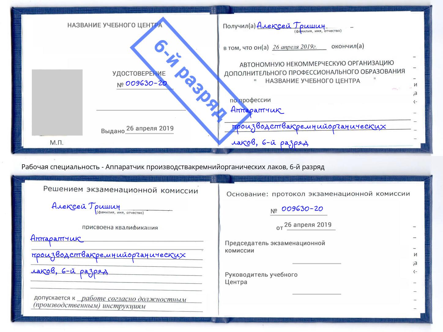 корочка 6-й разряд Аппаратчик производствакремнийорганических лаков Лиски