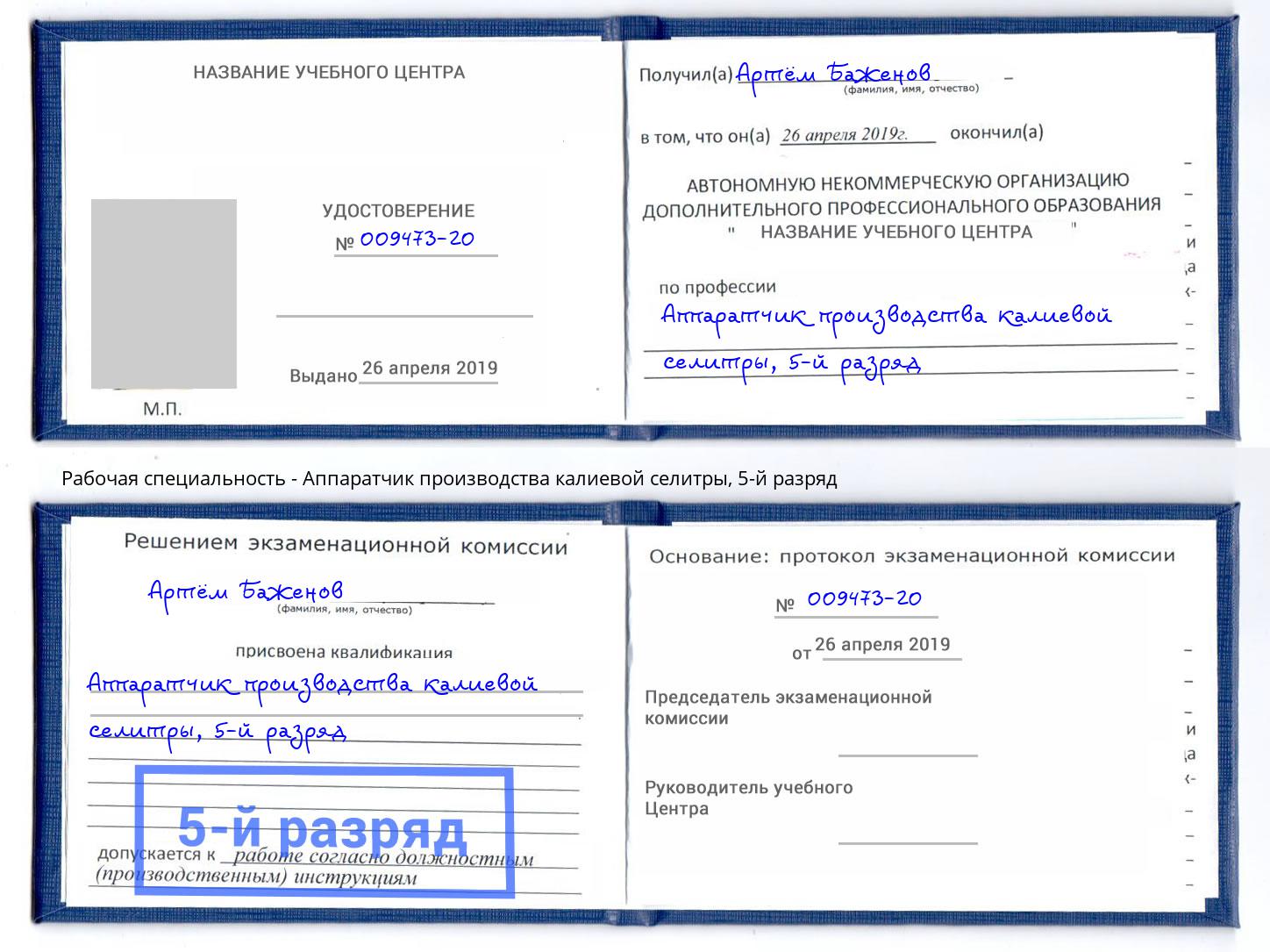 корочка 5-й разряд Аппаратчик производства калиевой селитры Лиски