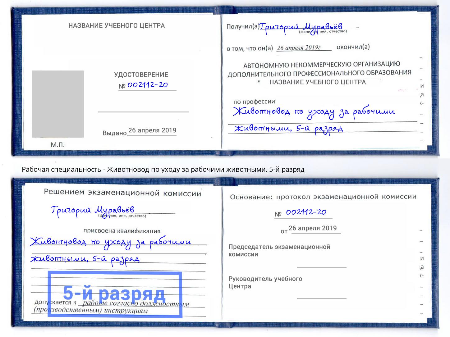 корочка 5-й разряд Животновод по уходу за рабочими животными Лиски