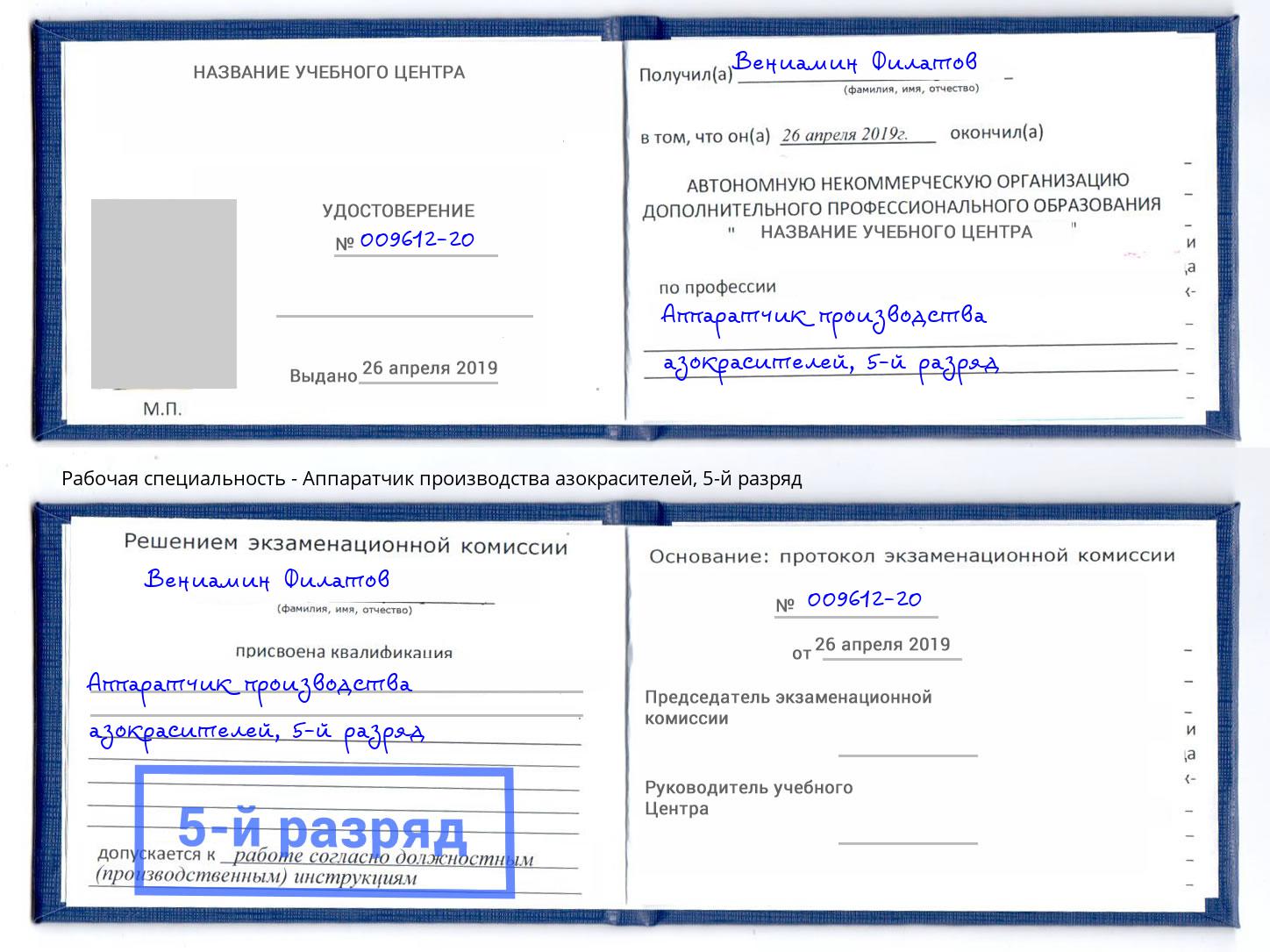 корочка 5-й разряд Аппаратчик производства азокрасителей Лиски