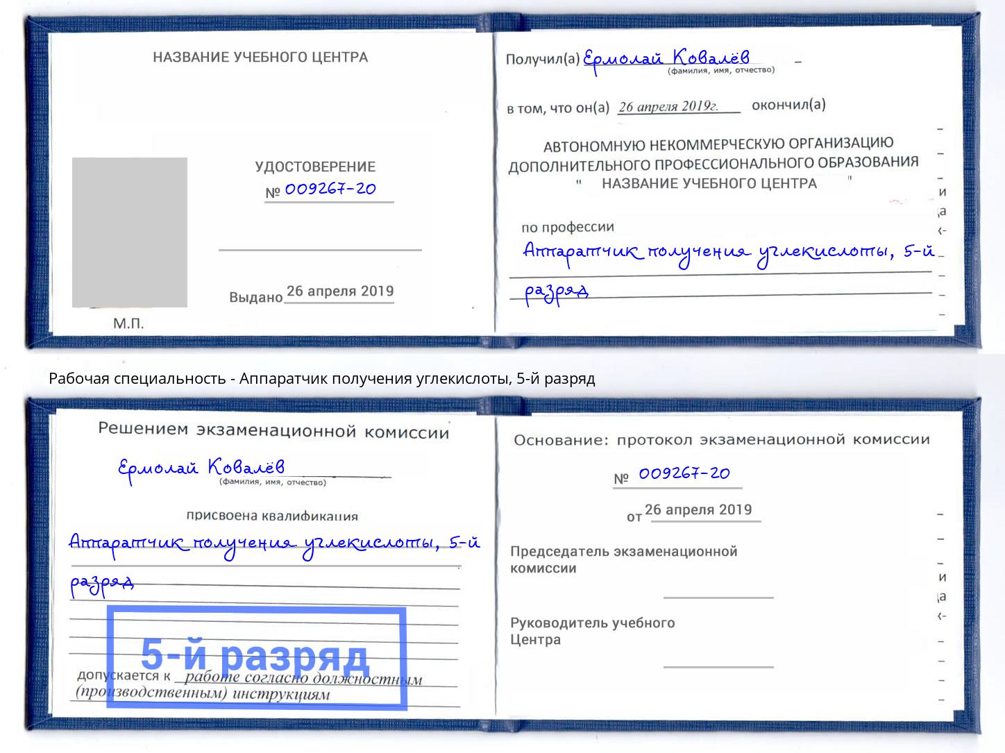 корочка 5-й разряд Аппаратчик получения углекислоты Лиски